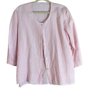 Pink Linen Button Front Jacket Top 3/4 Length Sleeves Scoop Neck Sz M